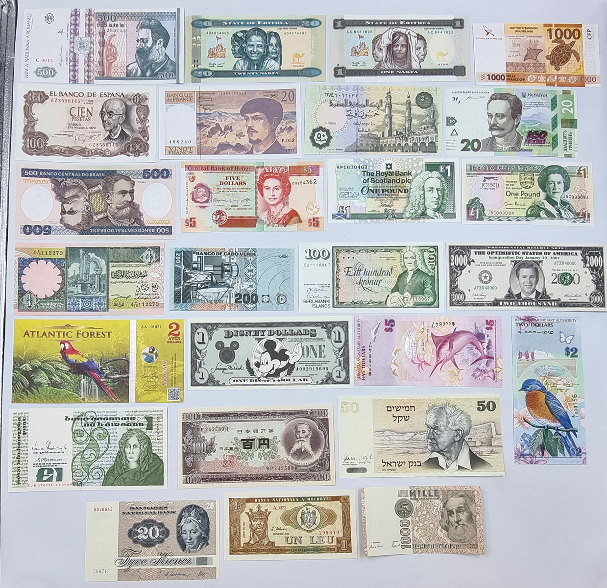 Świat - Rumunia, Dania, Irlandia, Hiszpania, Brazylia, Erytrea, Francja, Mołdawia, Włochy, Izrael, Egipt, Szkocja, Jersey, Ukraina, zestaw 26 sztuk banknoty i pseudobanknoty